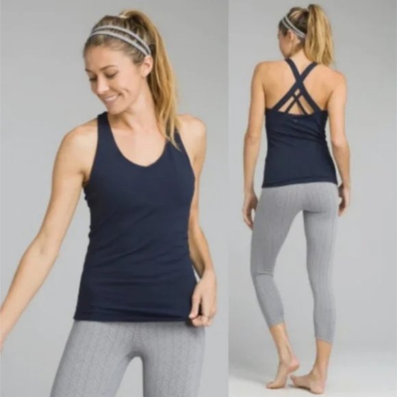 PRANA Verana Tank Strappy Cross Back Navy Blue Athletic Top Shelf Bra Built in M - Picture 1 of 8